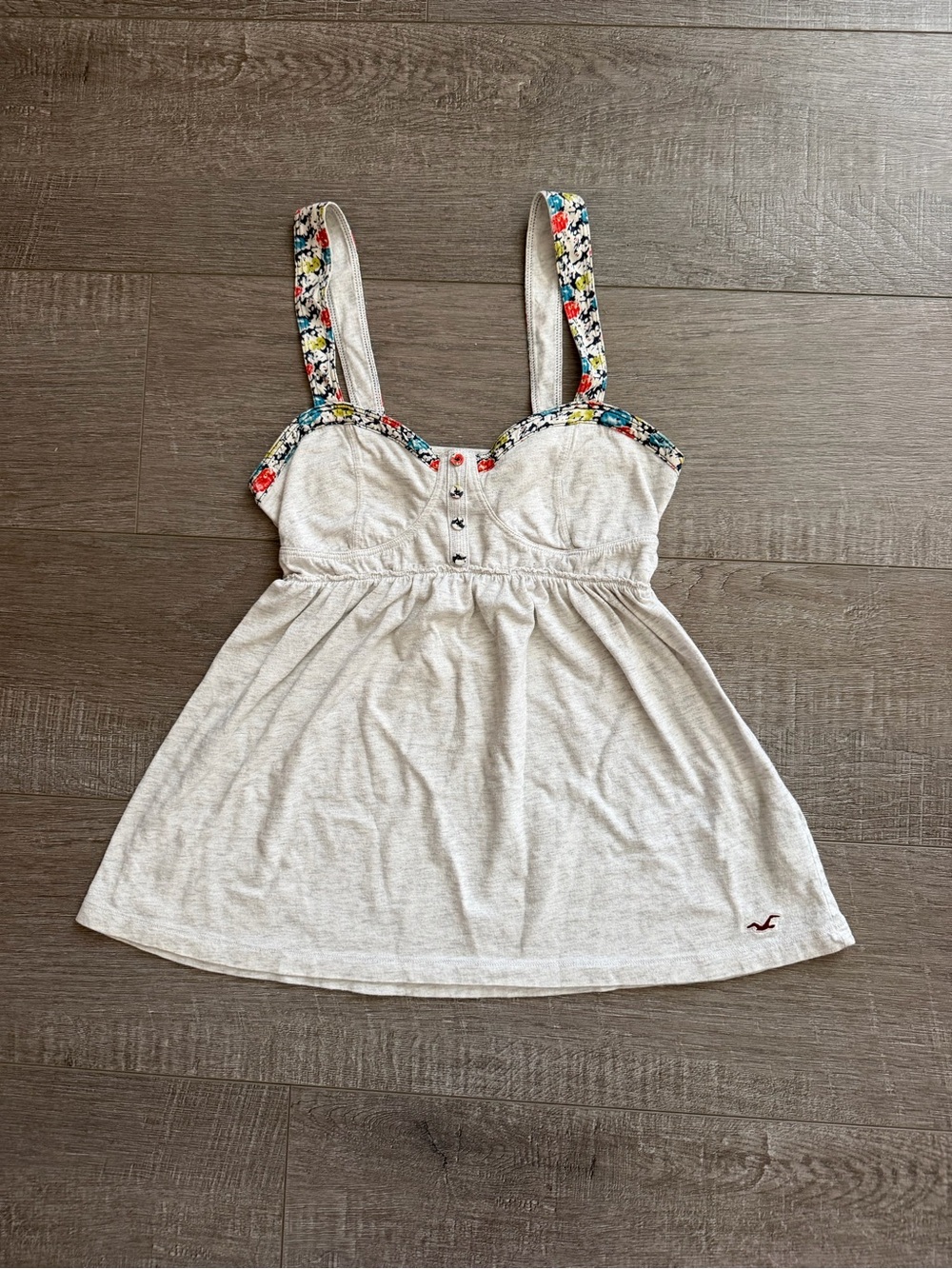 Vintage Hollister Light Gray Y2K Henley Babydoll Tope with Floral Trim